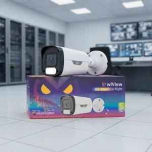 Uniview (UNV) ColorHunter bullet CCTV security camera resting on its retail box, displaying 'owl eyes' graphic and 'See Wonder at Night' text, with a blurred surveillance room background.