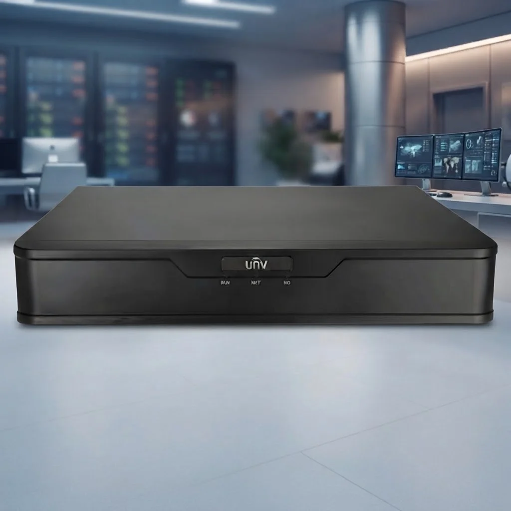 Front view of a black Uniview (UNV) Network Video Recorder (NVR) security device with visible 'unv' logo and status indicators, set against a blurred background of a modern control room with server racks and monitor screens.