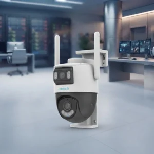 Uniarch dual-lens PTZ Wi-Fi security camera with white housing and dual antennas, standing on a mounting bracket against a blurred modern surveillance control room background.
