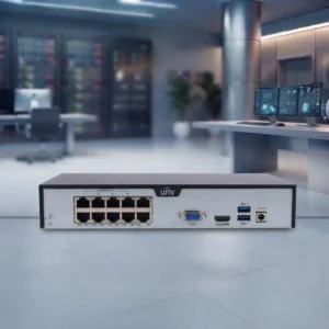 Rear panel view of an unv 8-channel NVR security recorder, showing 8 PoE ports, VGA, HDMI, USB, and power input against a blurred control room background.