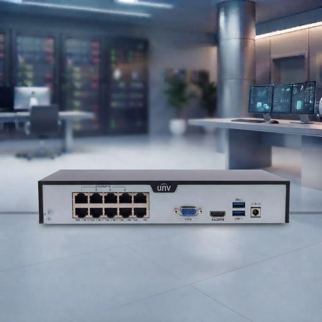 Rear panel view of an unv 8-channel NVR security recorder, showing 8 PoE ports, VGA, HDMI, USB, and power input against a blurred control room background.